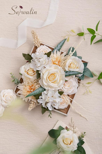 Serwalin Artificial Flowers Beige Champagne Fake Silk Flowers for DIY Wedding Bridal Bouquets, Boho Wedding Cake Flowers for Table Centerpieces Arrangements Party Baby Shower Home Decorations