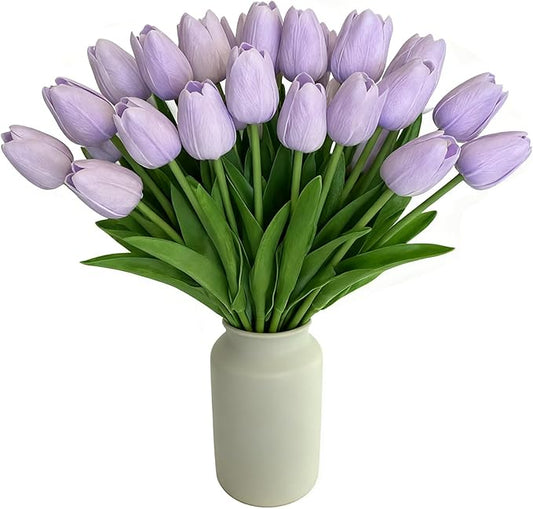 Purple Faux Tulips (20 Pcs) - Premium PU Artificial Flowers for Christmas & Thanksgiving Table Setting, Winter DIY Home Decor - 13.5" Real Touch