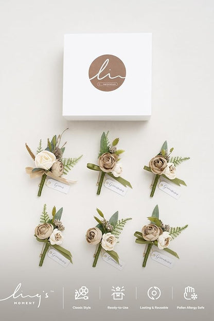 Ling's moment Boutonniere for Men, 6pcs Groom Groomsmen Boutonniere, Artificial Flowers for Wedding Decor/Prom/Homecoming, etc.Brown