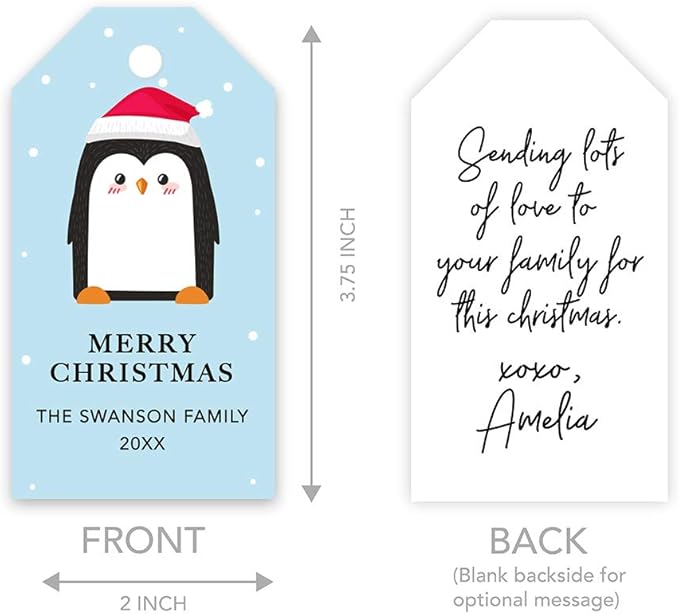 Andaz Press Personalized Christmas Holiday Season Classic Gift Tags, Merry Christmas Custom Family Name and Year, Penguin with Santa Hat Design, for Holiday Events, Parties, and Favors, 60-Pack