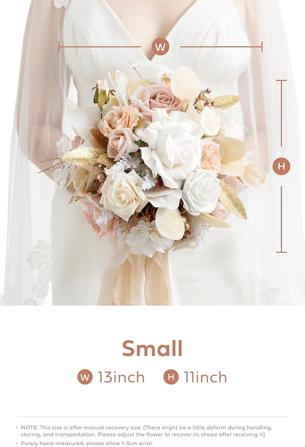 Ling's moment Boho Bridal Bouquet for Bride, Rustic Wedding Bouquets for Bride, 13 Inch Beige Nude Silk Round Artificial Wedding Flowers Bouquets