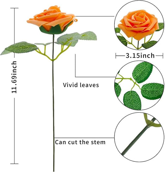 [25PCS] Orange Roses Artificial Flowers with Long Stem Real Touch Fake Foam Roses for Decoration DIY Wedding Bouquets Centerpieces Bridal Shower Flower Arrangements Home Decor