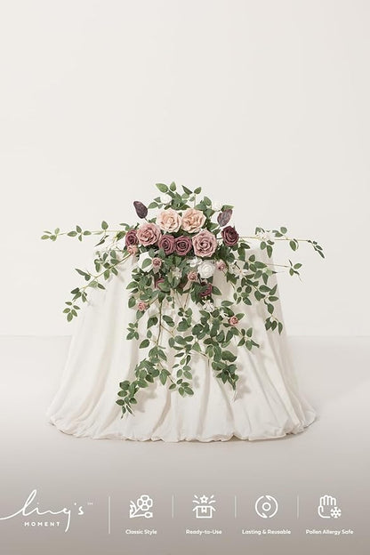 Ling's moment 2PCS Artificial Floral Swags Centerpieces Wedding Flower Rose Garland Greenery Arrangements for Sweetheart/Head Table Decor Wedding Car Wall Arch Garden Decor | Dusty Rose & Mauve