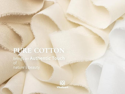 Vitalizart 100% Cotton Ribbon 1-1/2" x 15 Yd Nude Beige White Handmade Frayed Fringe Fabric Ribbons for Gift Wrapping Wedding Invites Bridal Shower Bouquets Christmas Decorations