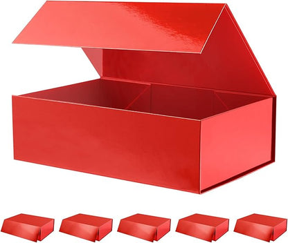6 Christmas Large Gift Boxes with Lids 13.5x9x4.1 Inches, Red Bridesmaid Proposal Gift Box with Magnetic Closure for All Occasion (Glossy Red)
