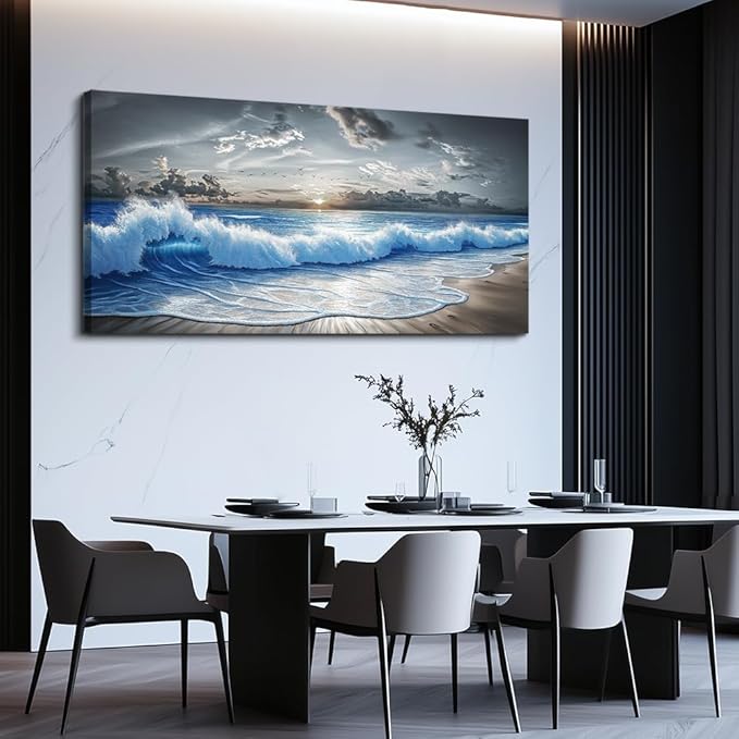 PHAOHUAXM Large Canvas Printed Artworks Mural Wall Decor For Living Room Wall Art For Bedroom Office Decor Black White And Blue Ocean Wave Landscape Painting Modern Home Decor Ready To Hang 30"X60"