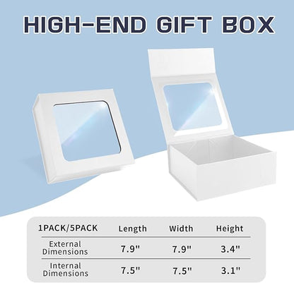 TIACABO White Gift Box with Window,7.5"x7.5"x3.1" Bridesmaid Boxe for Gifts Giving,Birthday Gift Boxes with Magnetic,Closure Lid Gifts Boxes for Presents,Cute Box,Luxury for Gift Packaging