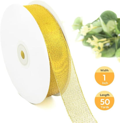 KMER LIFE 1 Inch x 50 Yards Glitter Gold Ribbon, Sparkly Metallic Fabric for Gifts Wrapping, Crafts, Sewing, Decoration - Christmas, Valentine's Day