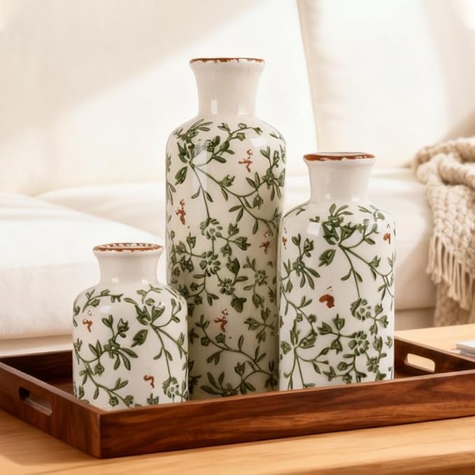 Green Chinoiserie Ceramic Vase Set of 3 – Vintage Green Floral Vases, Decorative Porcelain Vase Set for Flowers, Rustic Farmhouse & Cottage Core Home Decor, Living Room, Shelf & Table Centerpieces