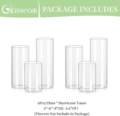Glasseam Clear Glass Cylinder Vase, 6pcs Glass Vases for Centerpieces, Modern Floating Candle Vases for Flowers, Hurricane Vase Decor Candle Holders for Pillar Candles Wedding Decorations (4"/6"/8")