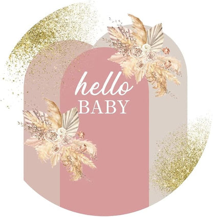 AOFOTO 3x3ft Boho Baby Shower Round Backdrop Cover Bohemian Chic Pink Arch Cover with Flowers Hello Baby Theme Photography Background Newborn Birthday Party Decorations Banner Photo Booth Props