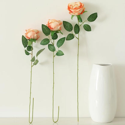 15Pcs Pearl Sunset Red Roses Artificial Flowers Fake Roses Long Stem Velet Rose Silk Flowers for Home Wedding Decoration (Pearl Roses,Sunset Red)