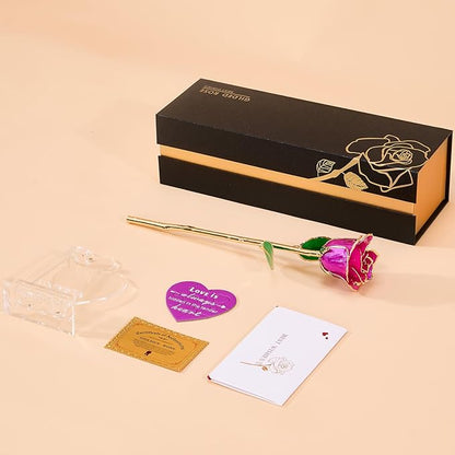 Mikasol Real 24K Gold Dipped Realistic Rose – Timeless Lifelike Bloom with Heart Puzzle Base – Romantic Gradient Purple Flower Gift for Her, Wife, Girlfriend, Mom – Birthday, Anniversary, Mother’s Day