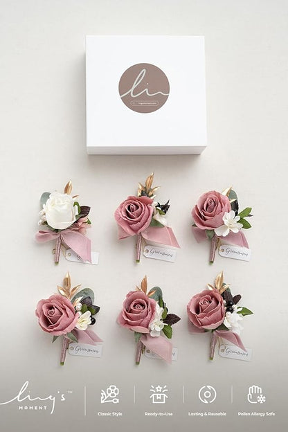 Ling's moment Boutonniere for Men, 6pcs Groom Groomsmen Boutonniere, Artificial Flowers for Wedding Decor/Prom/Homecoming, etc.Dusty Rose Mauve