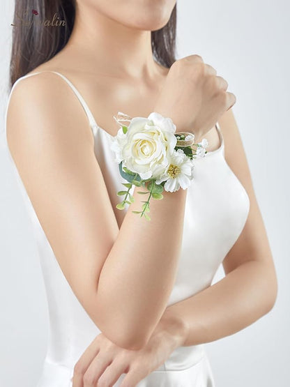 Serwalin Ivory Corsage and Boutonniere Set, Prom Flower Wrist Corsage Bracelets, Homecoming Roses Corsage Wristlet and Men Boutonniere for Wedding Flowers Accessories Prom Suit Decorations