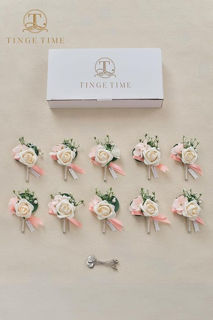 TINGE TIME Boutonniere for Men Wedding,Groom and Best Man Boutonniere for Wedding Ceremony Anniversary, Formal Dinner Party and Rustic Spring Wedding Marriage (10, Champange&Pink)