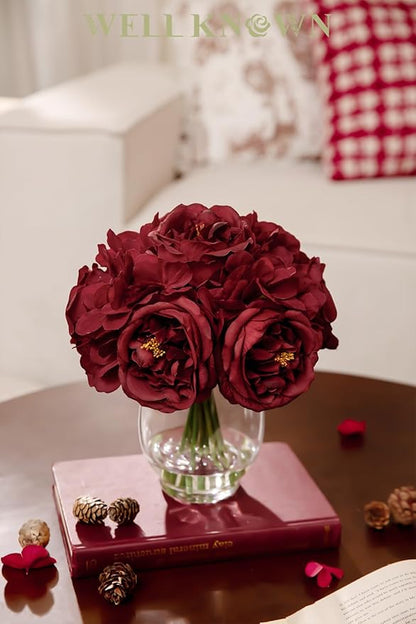 Artificial Flowers Silk Peonies & Hydrangea in Glass Vase with Fake Water, Fake Rose Bouquet Arrangement with Vase for Home Wedding Christmas Party Decor as Table Centerpieces & Gift (Classical Red)