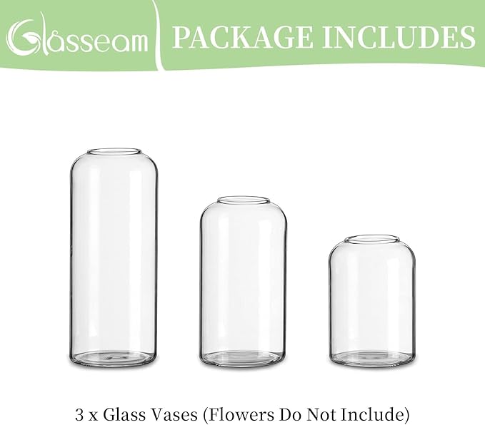 Glasseam Small Bud Vases for Flowers, Handmade Glass Vases for Centerpieces, Unique Flower Vase Set of 3, Cute Blown Clear Vases for Decor, Minimalist Centerpiece Table Wedding Decorations