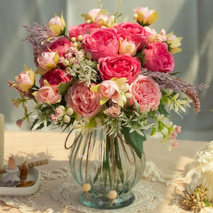Artificial Peonies Silk Flowers Bouquet in Glass Vase Faux Flowers Bouquets Modern Penoy Arrangement for Home Decoration Table Centerpiece (Bouquet-Rose Red)