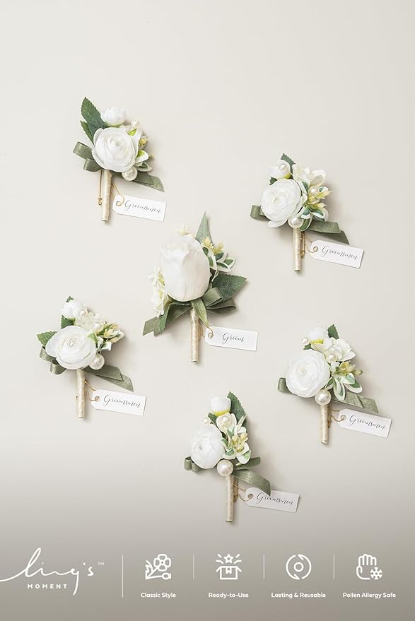 Ling's moment Boutonniere for Men, 6pcs Groom Groomsmen Boutonniere, Artificial Flowers for Wedding Decor/Prom/Homecoming, etc.White Ranunculus Pearl