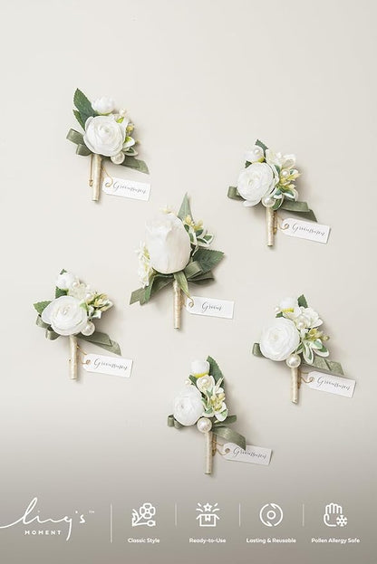 Ling's moment Boutonniere for Men, 6pcs Groom Groomsmen Boutonniere, Artificial Flowers for Wedding Decor/Prom/Homecoming, etc.White Ranunculus Pearl