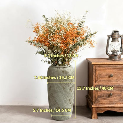 15.7 Inch Rustic Ceramic Tall Floor Vase, Slim Tapered Rustic Farmhouse Vase for Dried Stems & Pampas, Neutral Beige Decorative Vase for Living Room