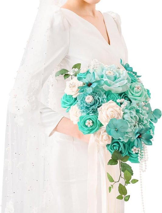 TINGE TIME 11 Inch Wedding Bouquets for Bride, Teal Green & Champagne Artificial Flowers Bouquet, Brides & Bridesmaids Bouquet for Wedding Anniversary Ceremony Bridal Shower Decorations