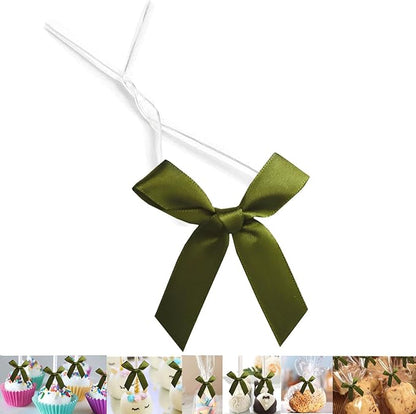 50 Pack Pretied Bows, 3" Satin Ribbon Twist Tie Bows for Treat Bags, Pre Tied Ribbon Bows Twist Tie for Crafts, Twist Bows Tied Bows with Wire for Gift Bags, Popcorn Candy Bags(Moss Green)