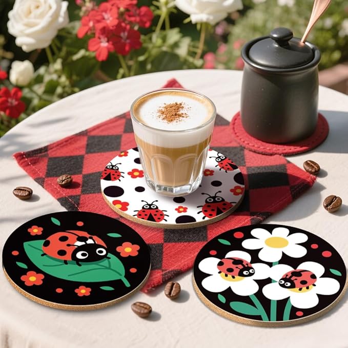 ANATTASOUL Coasters Set of 9 Ladybug and Flowers Pattern Colorful Wooden Coasters Bulk Round Housewarming Gift for New Home, 3.9" Decorative Coffee Table Protection for Farmhouse Bar House Decor