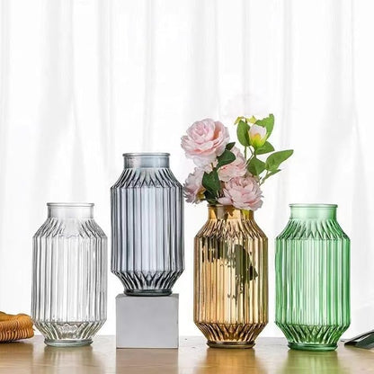 Flower Vase,Glass Vase,9.2 inch,Vintage Clear Ribbed Glass Vase for Home Decor,Bookshelf,Dinner Table,Indoor Office Desktop,Meeting Room,Home Christmas Day Decoration