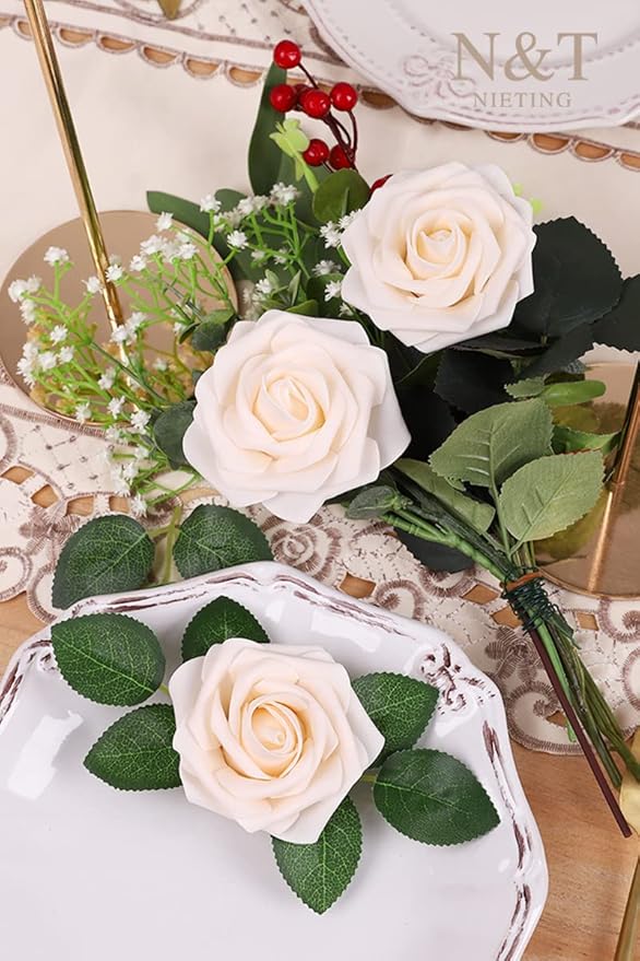 N&T NIETING Artificial Flowers, 25pcs Fake Flowers Bulk Perfect for DIY Fall Wedding Bridesmaid Bridal Bouquets Centerpieces Party Home Flower Arrangement Decoration, Cream Roses