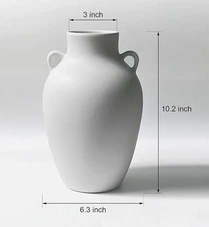 GeLive Matte White Ceramic Jar Vase with Dual Handles, Handmade 10 Inch Waterproof Rustic Farmhouse Pitcher Vase for Table Centerpiece, Flower Arrangement Home Decor