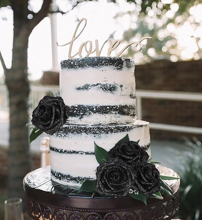 Fake Black Roses 30PCS Glitter Roses 3.15" Artificial Foam Flowers for Wedding Christmas DIY Wreath Home Table Floral Arrangement(Black)