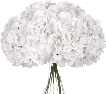 Silk Hydrangea Heads with Stems Artificial Flowers Heads for Home Wedding Decor,Pack of 10 (White)