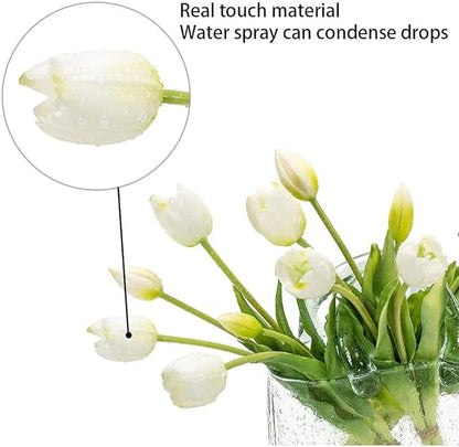 15pcs Artificial Tulips Flowers, Real Touch Latex Bouquet, Fake Tulips for Office Wedding Party Home Kitchen Garden Decoration(White,15pcs)
