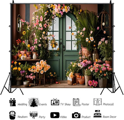 10x8ft Spring Flower Backdrop for Photography Indoor Blooming Flower Arch Wooden Door Floral Photo Background Video Photo Shoot Wedding Portrait Background Studio Photo Booth Props