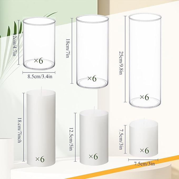 Shihanee 36 Pcs Pillar Candles with Glass Cylinder Vases Tall Hurricane Candle Holders Cylinder Vases for Centerpieces Wedding Party Decor, Total 18 Sets(Clear,White)