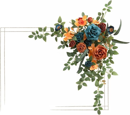 Ling's Moment Wedding Artificial Welcome Sign Flowers Swag Arch Floral Garland Decorations Teal Orange for Ceremony Reception Entrance Entryway Party Banquets Easel Wall Home Outdoor(NOT Include Sign)