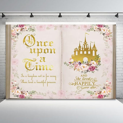 7x5ft Once Upon a Time Backdrop Fairy Tale Books Pink Floral Princess Castle Photography Background Romantic Wedding Birthday Party Banner Decorations Cake Table Decor