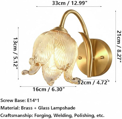 Luxury Floral Brass Wall Sconce Lighting, Modern Lily Flower Art Glass Shade Light Fixture, Brushed Gold Finish Copper Accent Lamp Wall Light for Bedroom, Living Room, Dining Room Decor