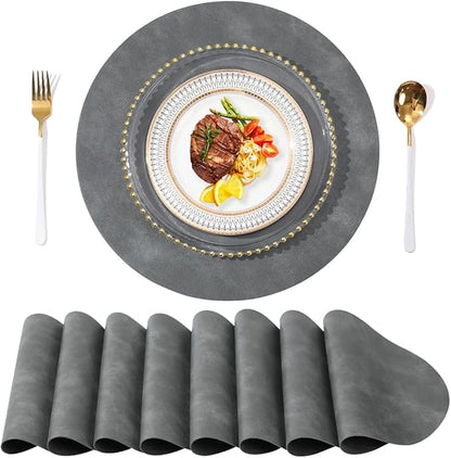UnivoColors PU Leather Placemats Set of 8,15 Inches Round Washed Cowhide Pattern Table Mats for Dining Table, Kitchen, Party Decoration(Retro Grey)