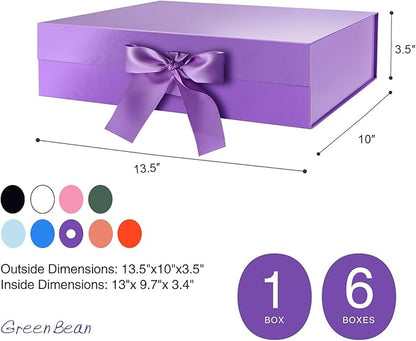 GREEN BEAN Purple Magnetic Gift Boxes with Ribbon, 6 Pack, 13x9.7x3.4 Inches, Luxury Gift Boxes for Presents, Bridesmaid Proposal Boxes, Birthdays, Weddings, Baby Showers