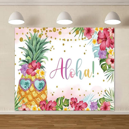 Summer Aloha Luau Party Backdrop 10x8ft, Hawaiian Palm Leaves Floral Pineapple Banner Happy Birthday Photo Photography Supplies