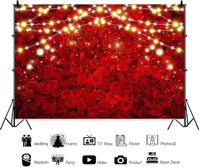 Leowefowa 8x6ft Red Rose Photo Backdrop Romantic Rose Floral Wall Background for Lover Sweet Valentine's Day Wedding Bridal Shower Mother's Day Sweet Party Banner Decor Photo Supplies Prop