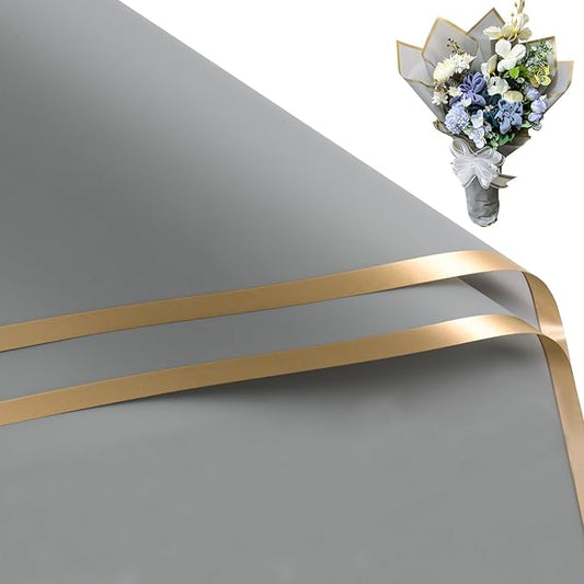 WRAPAHOLIC 20 Sheets Flower Wrapping Paper - 22.4 x 22.4 inch Gold Trim Light Grey Water-Resistant Floral Bouquet Wrapping Paper, Florist Supplies Packaging Paper for Wedding Birthday Gift DIY