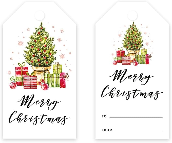 Andaz Press Christmas Holiday Season Classic Gift Tags, Merry Christmas to from Classic Favor Tags, Christmas Tree with Presents Design, for Holiday Events, Parties, and Favors, 60-Pack