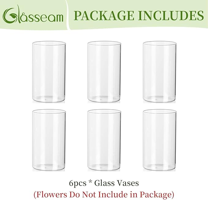 Glasseam Cylinder Vases for Centerpieces, Set of 6 Clear Glass Vases for Flowers, Modern Small Floating Candle Vase Decor, Decorative Hurricane Candle Holders for Home Wedding Table Decorations, 6in