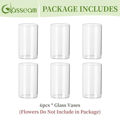 Glasseam Cylinder Vases for Centerpieces, Set of 6 Clear Glass Vases for Flowers, Modern Small Floating Candle Vase Decor, Decorative Hurricane Candle Holders for Home Wedding Table Decorations, 6in
