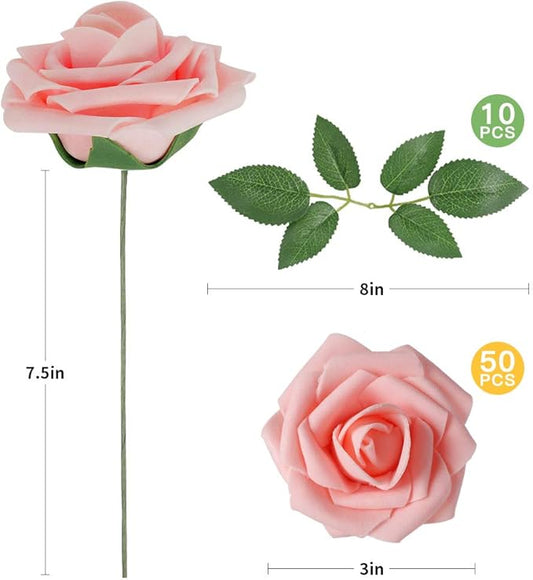 AmyHomie Artificial Flower 50pcs Real Looking Fake Roses w/Stem for DIY Wedding Bouquets Centerpieces Arrangements Party Baby Shower Valentines Day Christmas Tree Decorations