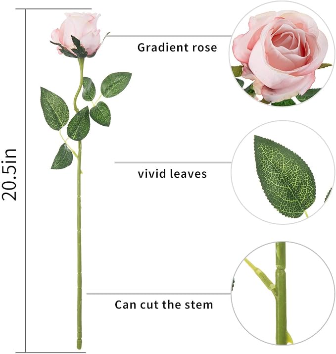 Flojery 10pcs Artificial Rose Flowers Long Stem Fake Silk Roses for DIY Wedding Bouquet Table Centerpiece Home Decor (Light Pink)